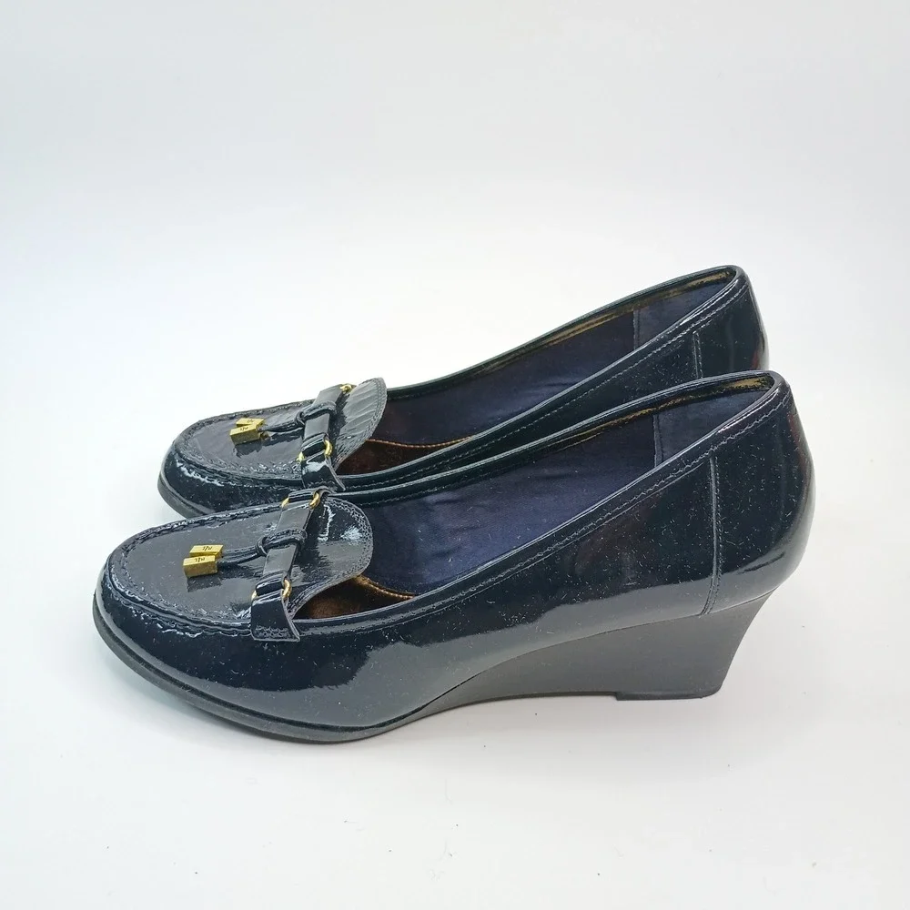 Lauren by Ralph Lauren Rory Navy Patent Leather Wedge Loafer Women Sz 8B Gold RL